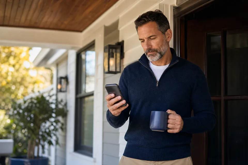 Man reading an email alert on his phone on a front porch