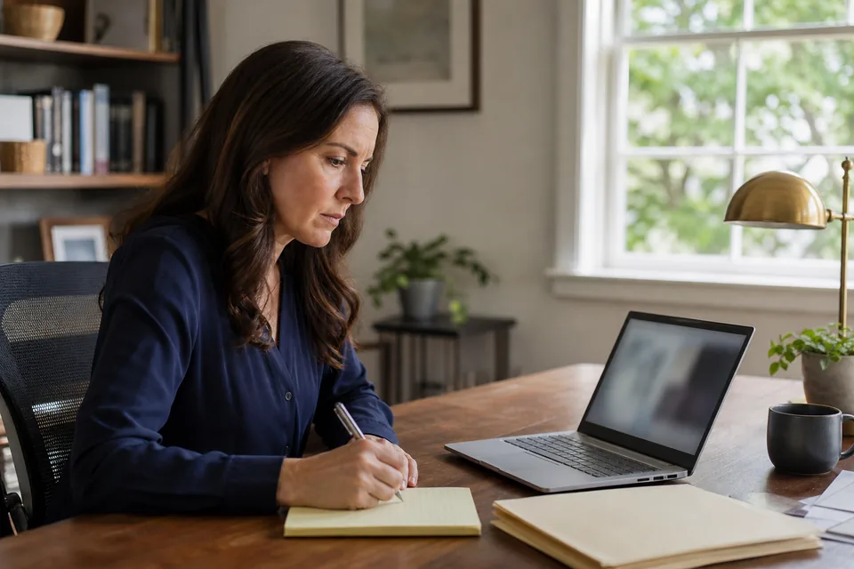Woman checking a county court record on a laptop with a notepad beside her