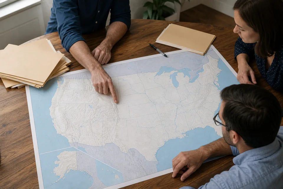 Paper map of the United States on a desk with folders and a pen