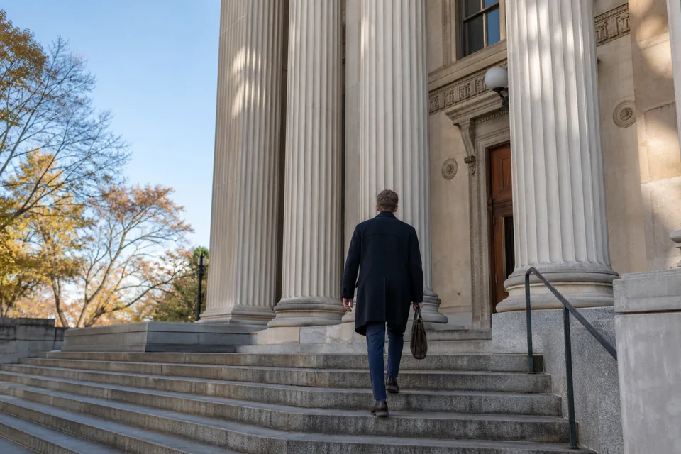 Steps of a county courthouse on a clear morning