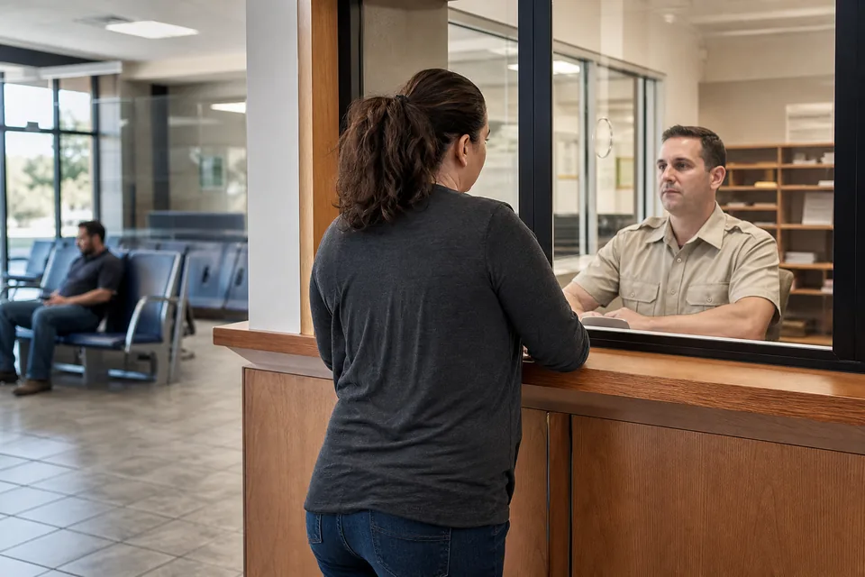 Front desk of a sheriff office lobby with a deputy at the window