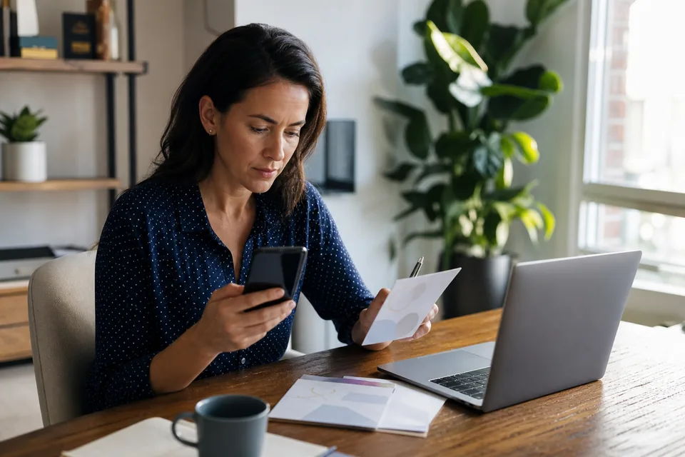 Woman reviewing a monthly subscription charge on her phone at a desk