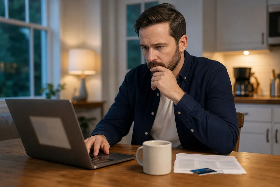 Man comparing people search subscriptions on a laptop at a kitchen table