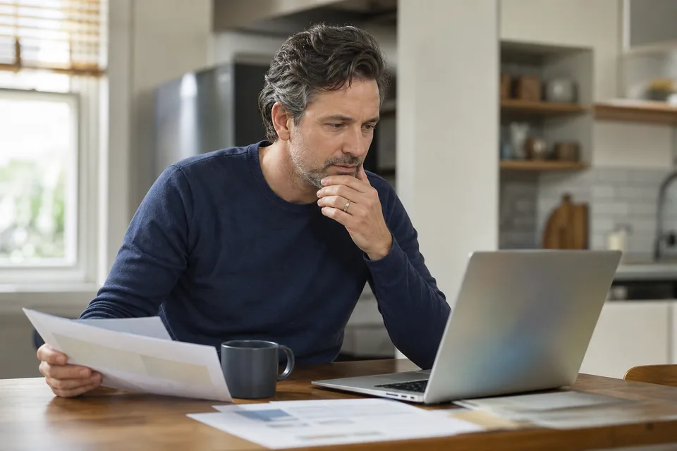 Man in his forties comparing two subscription plans on a laptop at a kitchen table