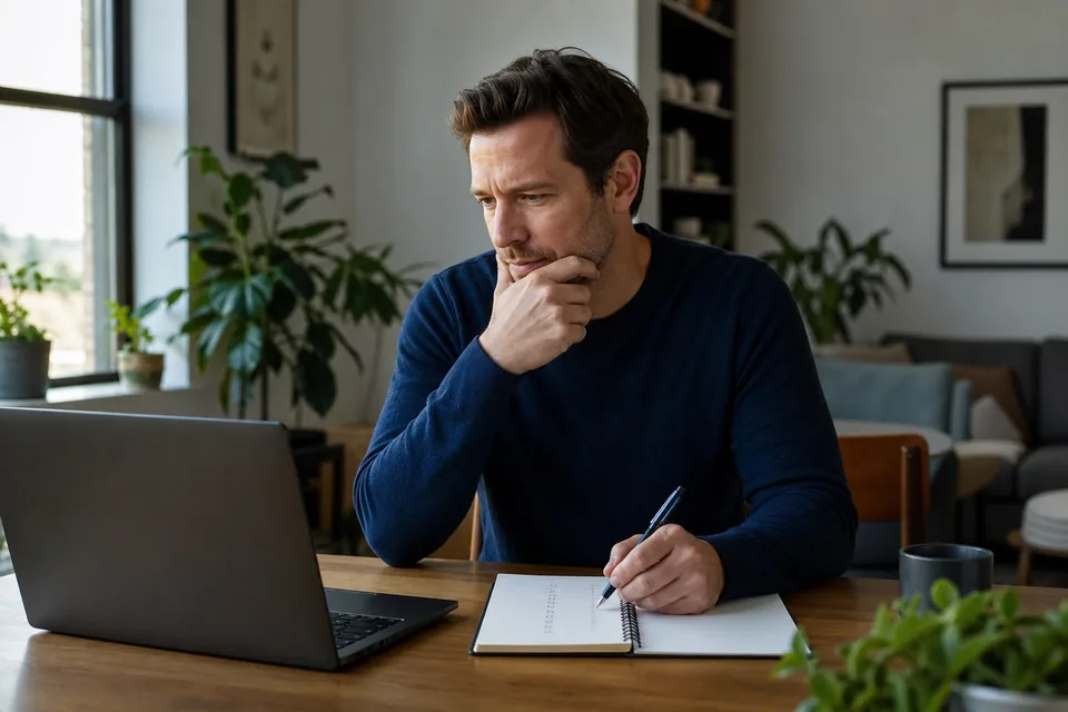 Man comparing two people search options on a laptop at a home desk