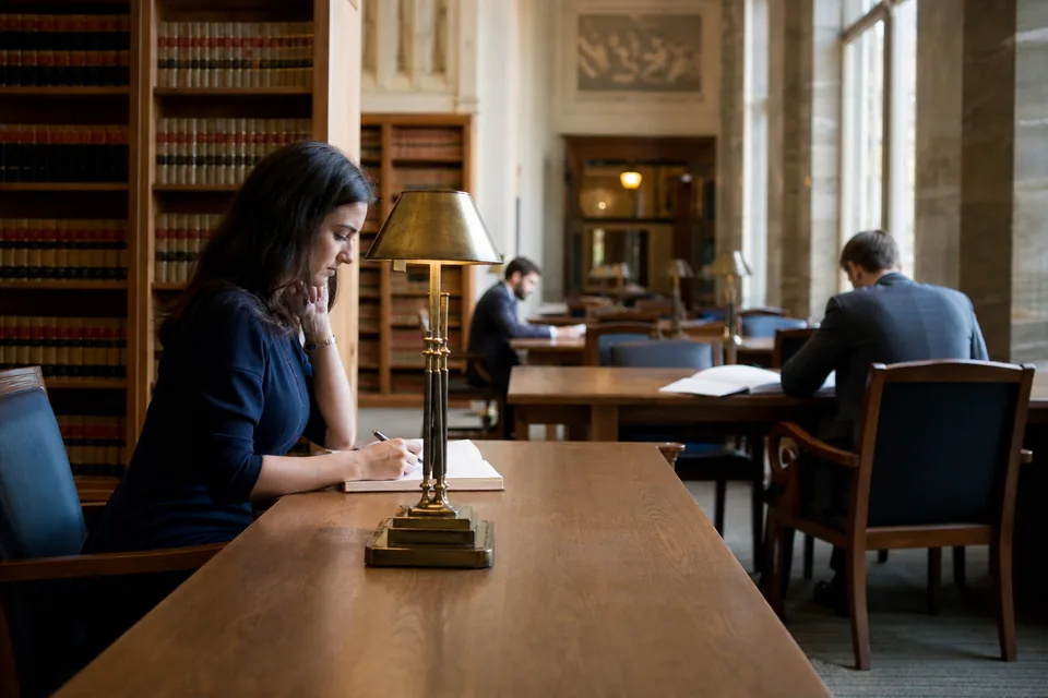 Shelves of bound state statute books in a law library reading room