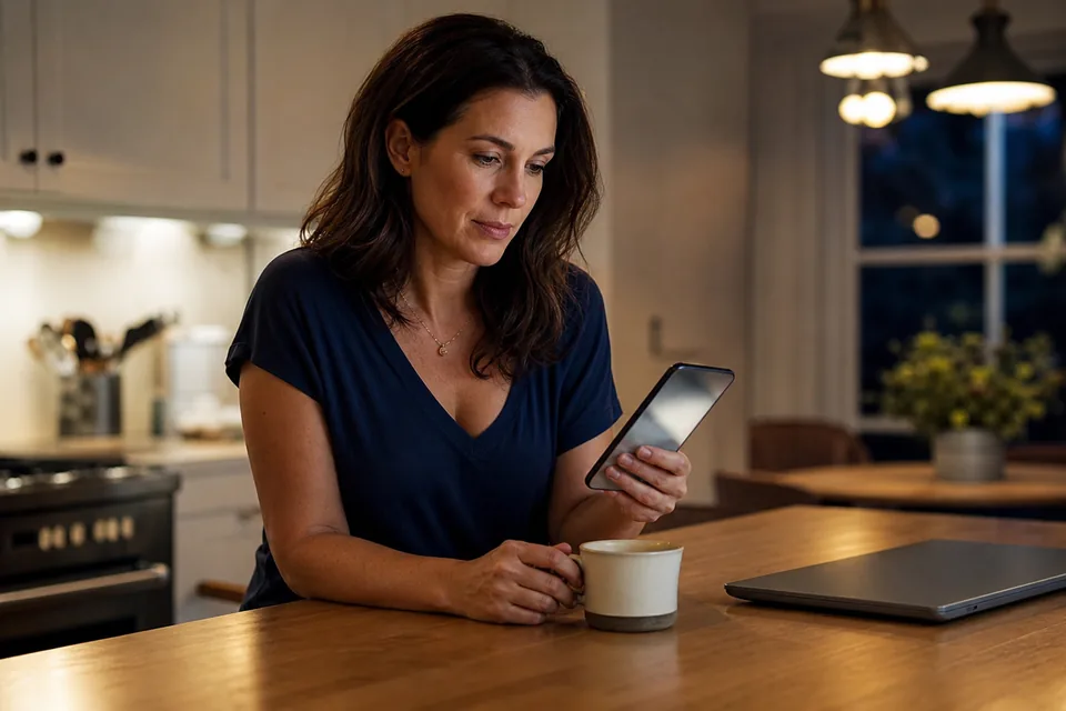 Woman reading a new email alert on her phone in a kitchen