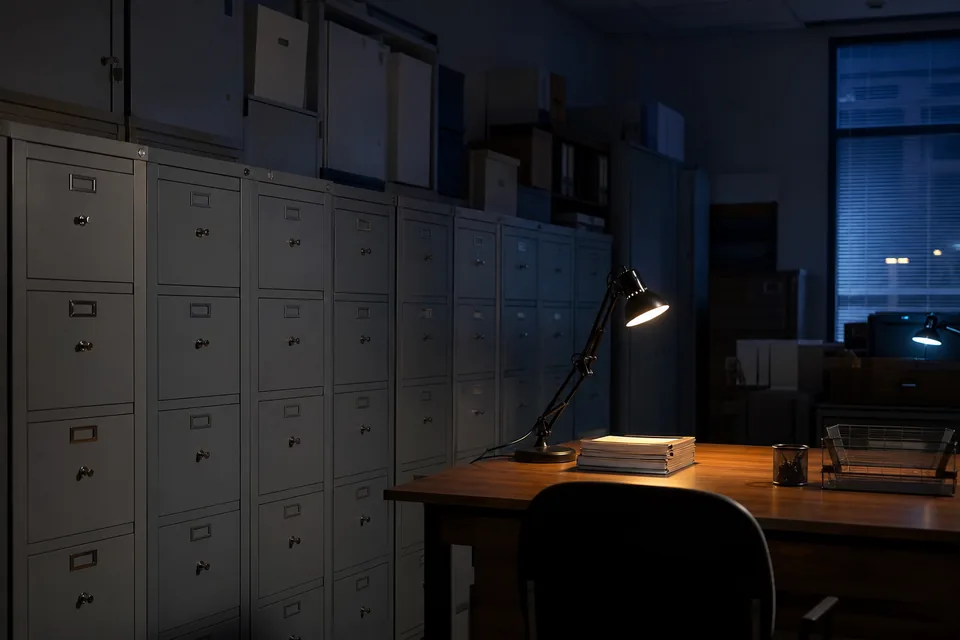 Locked records room with closed file cabinets and a single desk lamp