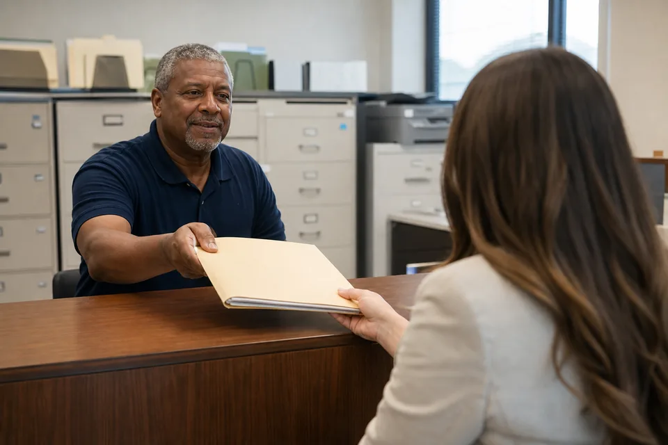 Court clerk handing a record file across the counter to a visitor
