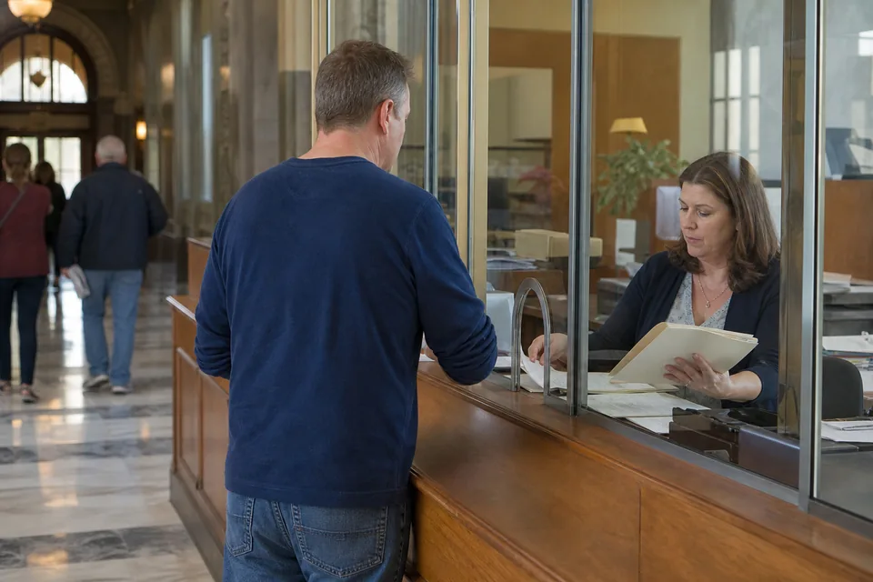 Public records counter in a county courthouse with a clerk behind the glass