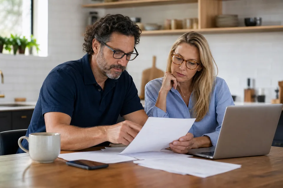 Couple reviewing a printed background report at a kitchen table