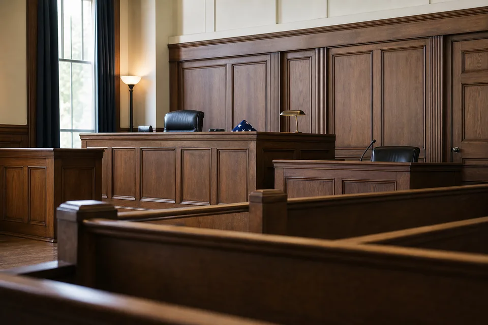 Empty county courtroom with wooden benches and the judge bench