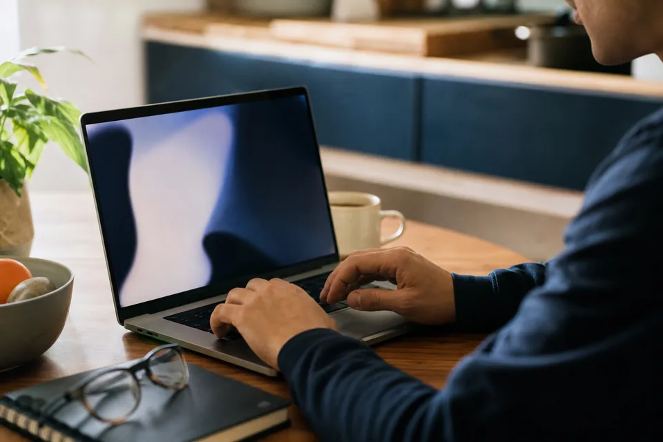 Person typing a name into a search form on a laptop