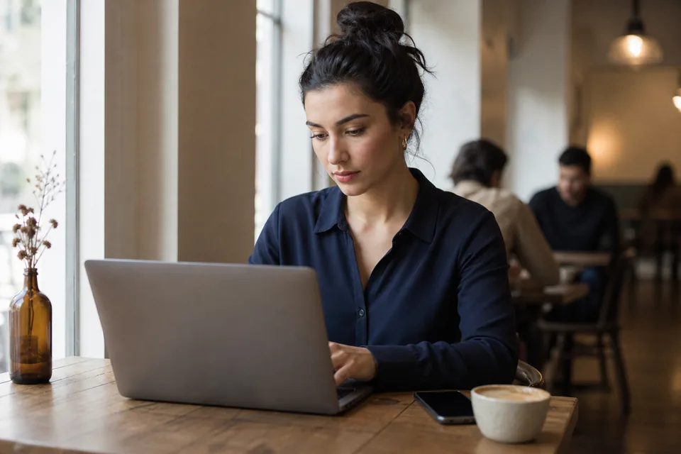 Woman looking up a contact on a laptop in a cafe