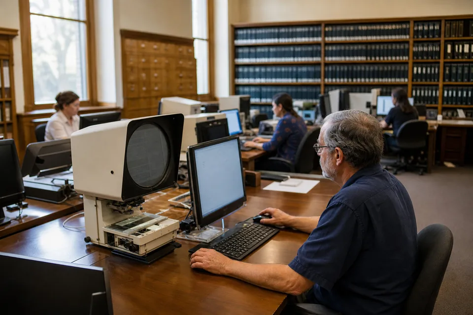 Public records reading room with microfilm readers