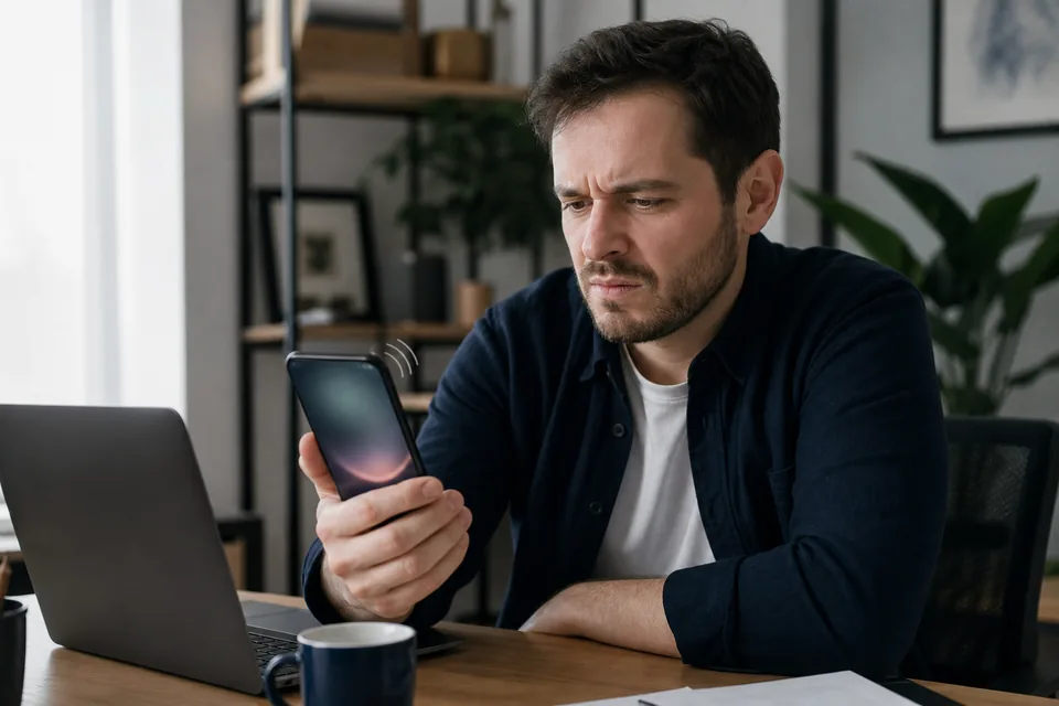 Man looking at an unknown incoming call on his phone