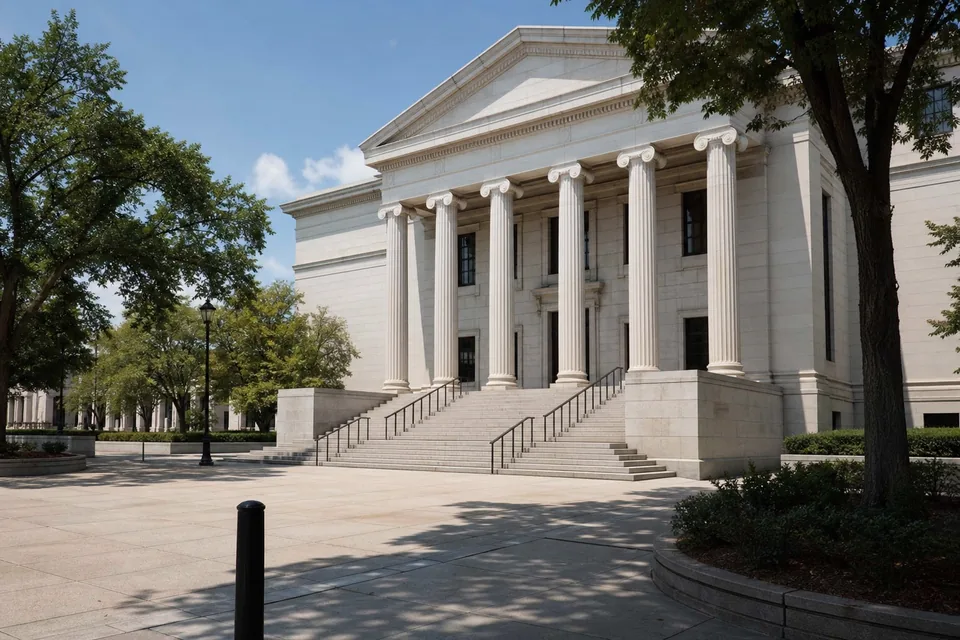 State archives building with stone columns on a sunny day