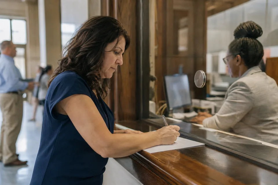 Clerk of court window with a visitor filling in a request form