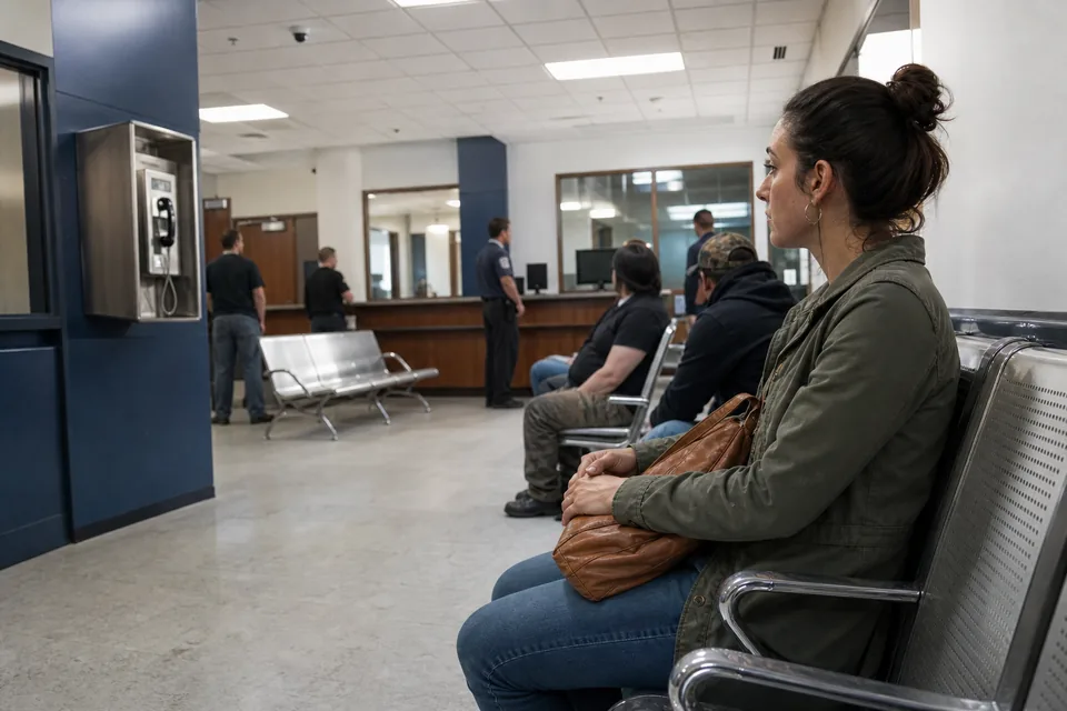 Visitor lobby of a county jail with a phone kiosk and benches