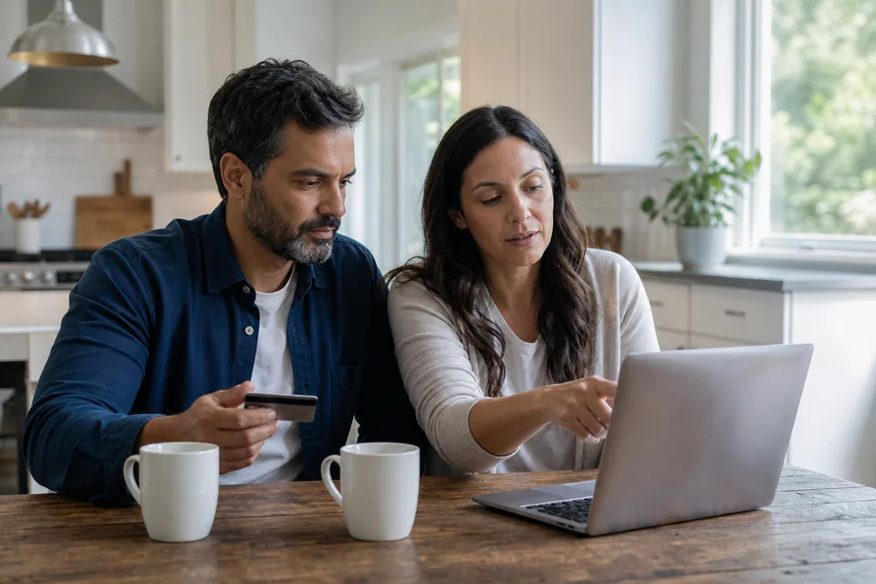 Couple deciding on a monthly records plan at their kitchen table