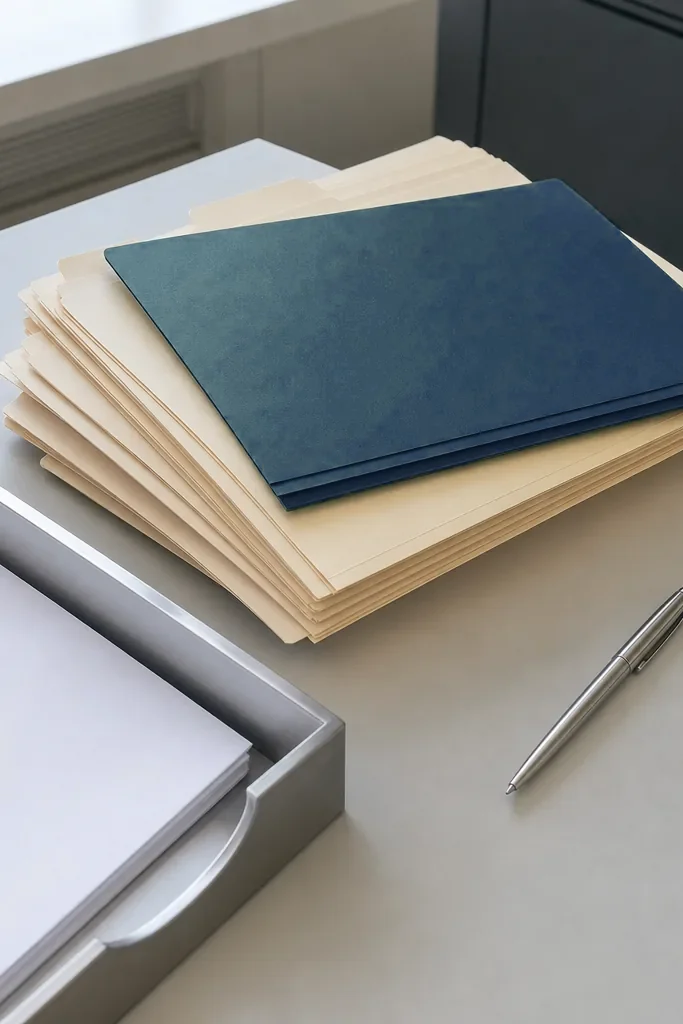 Stacked record folders and a document tray on a records office desk