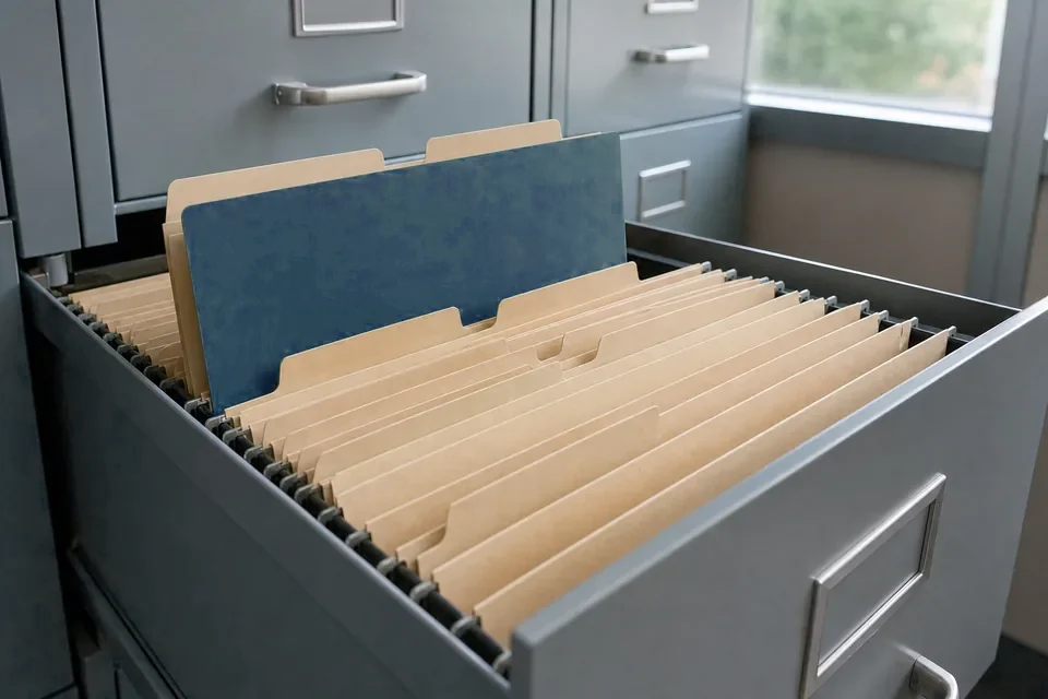 Open file drawer with rows of record folders in a county records office