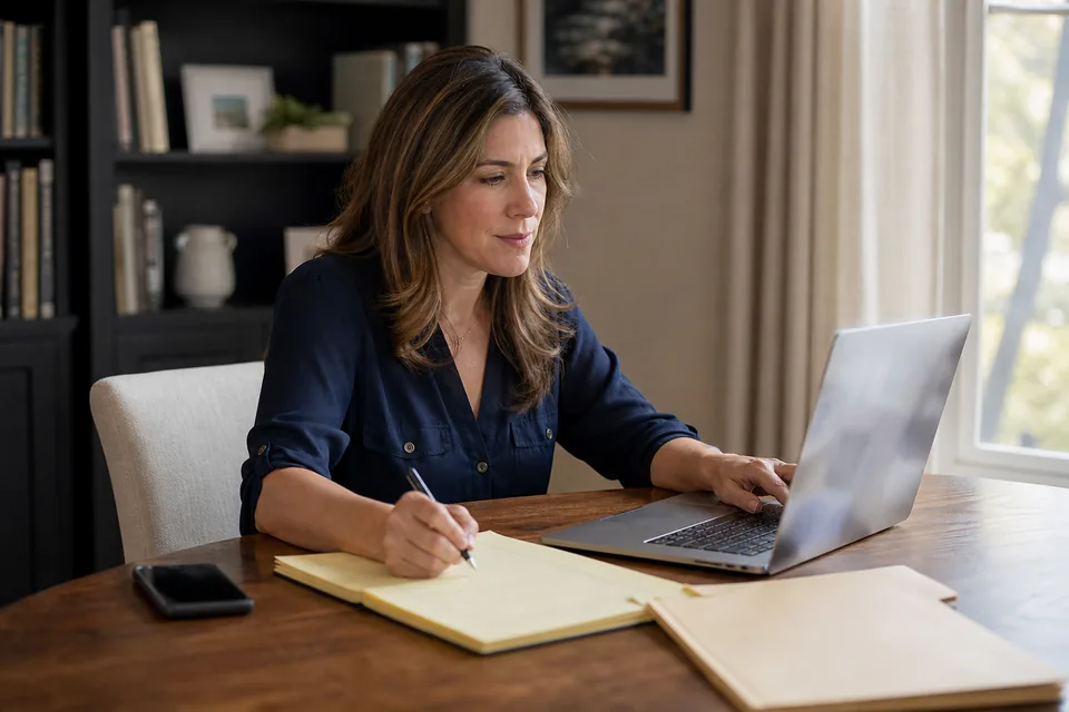 Woman checking public arrest records on a laptop with a notepad beside her