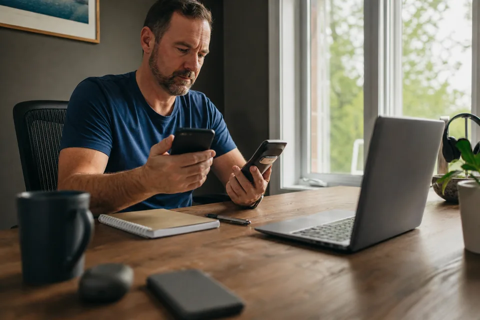 Man at a home office desk adding up a monthly subscription cost on a calculator next to his phone