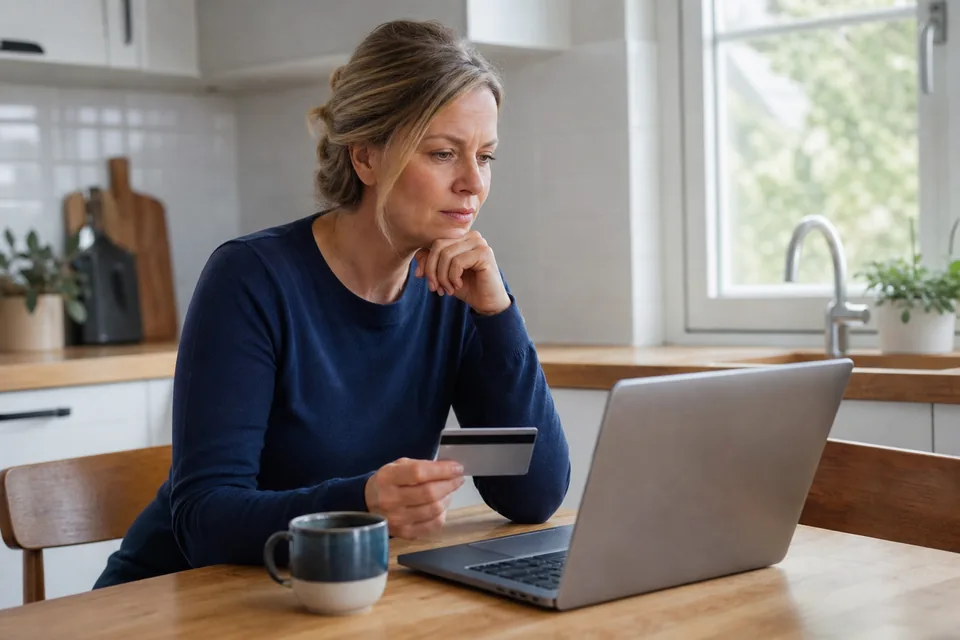 Woman at a kitchen table comparing two record search memberships on a laptop with a bank card beside her