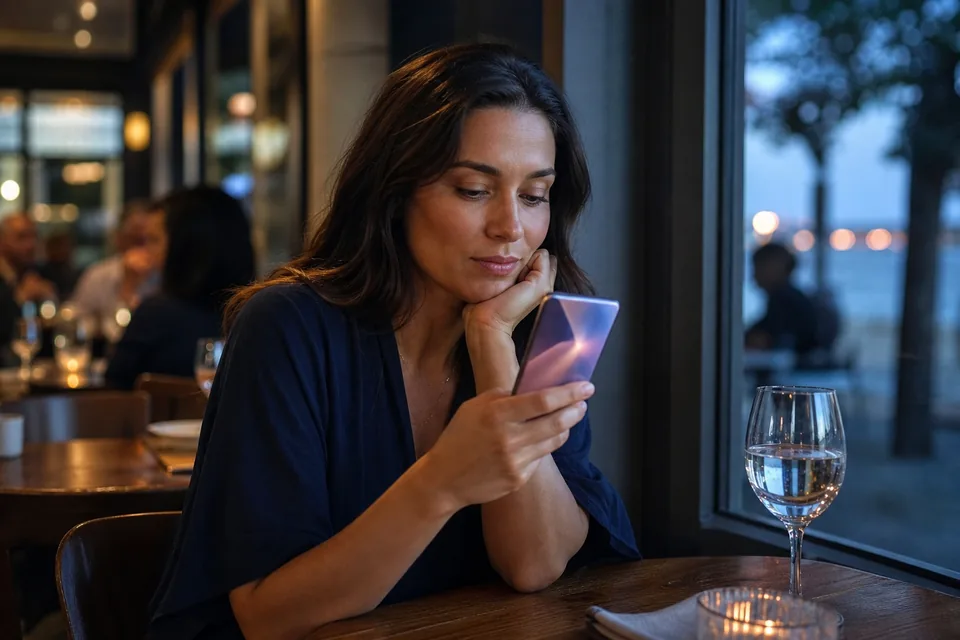 Woman checking a match's name on her phone before meeting at a restaurant