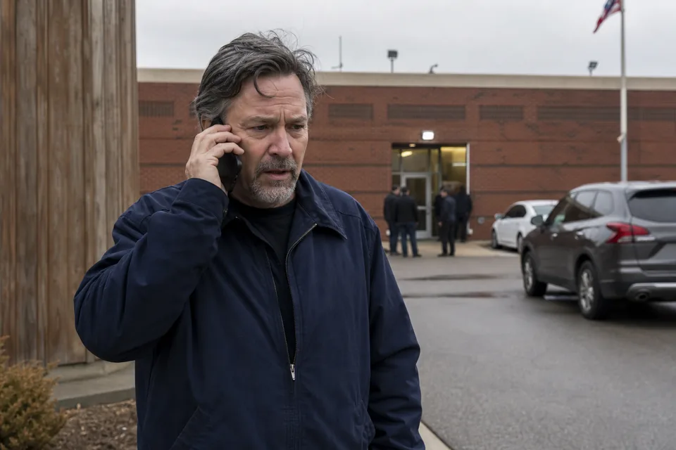 Worried man on the phone outside a county detention center