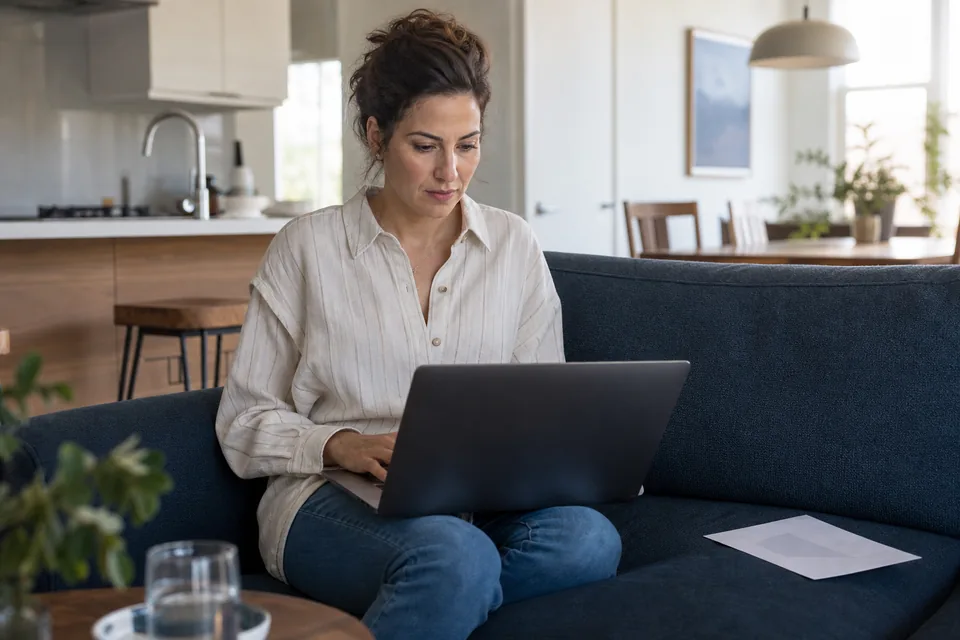 Woman checking public records about herself on a laptop at home